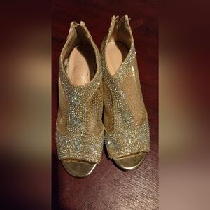 SOLD-Gold Crystal Embellished Peep-Toe Booties Size 7